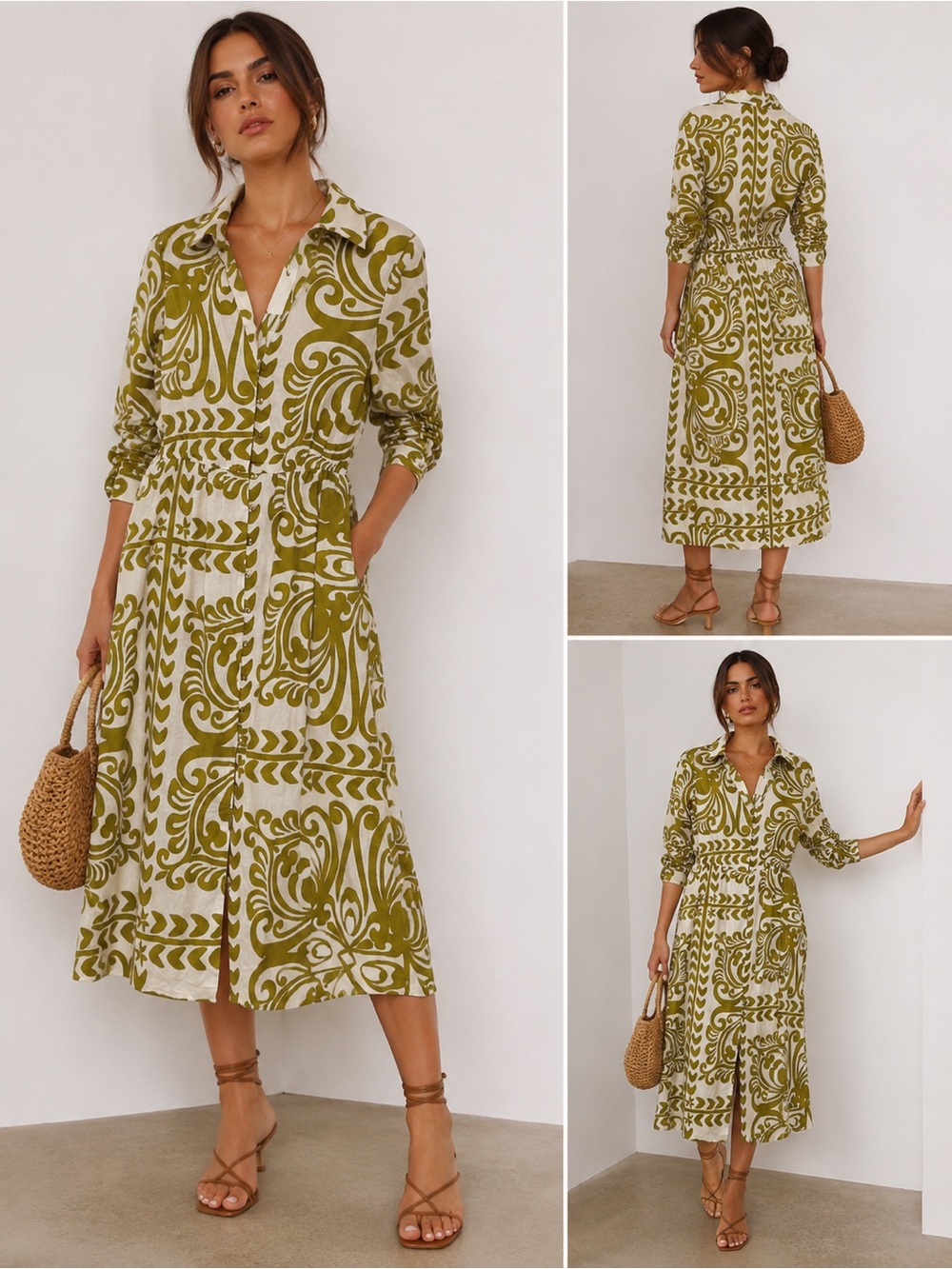 Zara Olive Green and Cream Printed Shirt Midi Dress